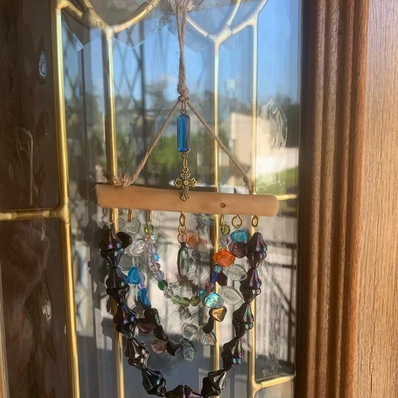 Iridescent Glass Beaded hanging ornament with multicolored Leaf Accents - Picture 7 of 10